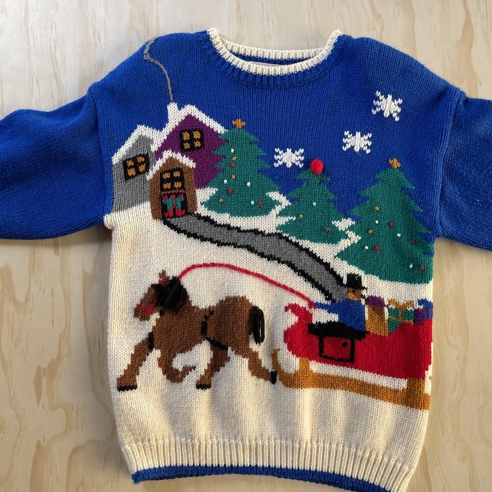 Vintage Karen Scott Sweater Womens Large Multicolor Horse Sleigh Winter Pullover